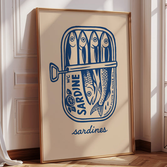 Décoration murale rétro en forme de boîte de sardines – Décoration de cuisine bleue et beige
