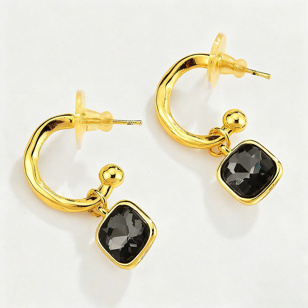 Hollow Geometric Black Crystal Jewelry Set For Women, Adjustable Bracelet Ring Earrings 3Pcs Matching Set, Minimal Cool Fashion Jewelry