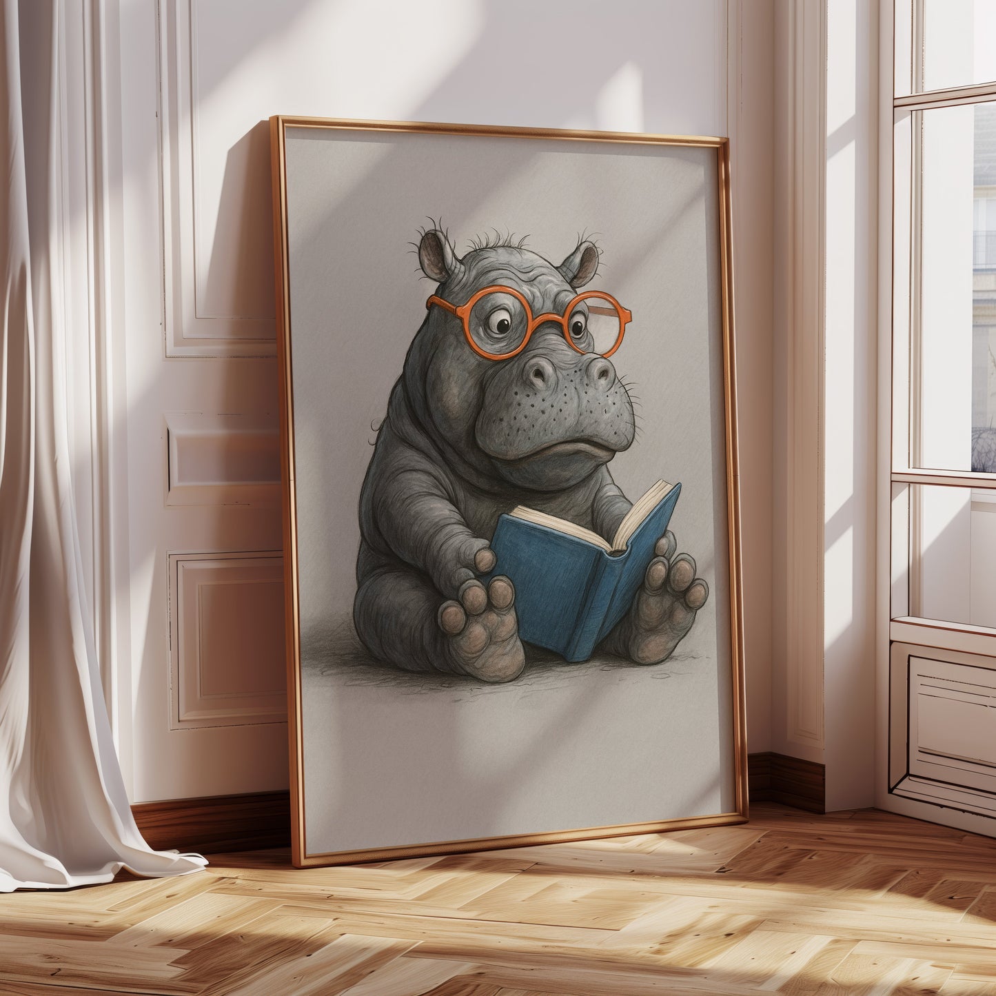 Baby-Nilpferd liest mit Brille