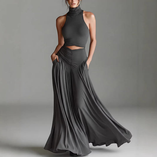 Women's Sleeveless High-Neck Top & Elegant Long A-Line Dress Two-Piece Set