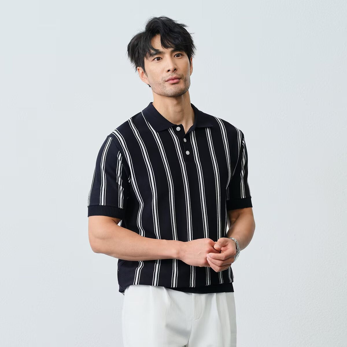 Men's Striped Short-sleeve Knitted Shirt With Lapel