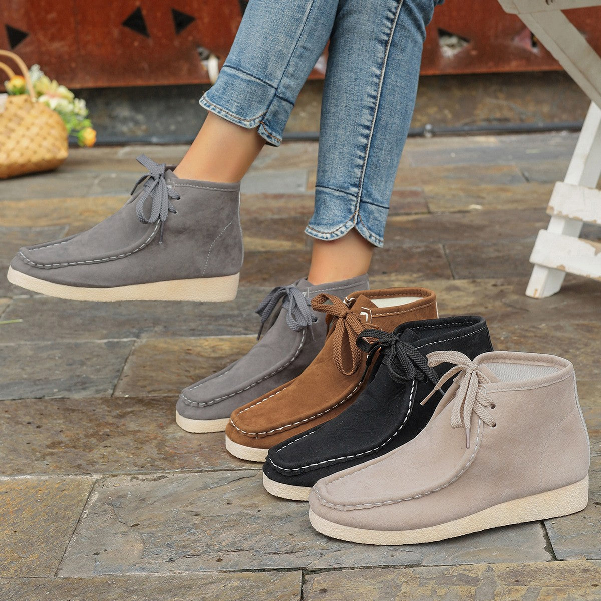 Stitched-detail Round-toe Lace-up British-style Ankle Boots For Women With A Hidden Heel