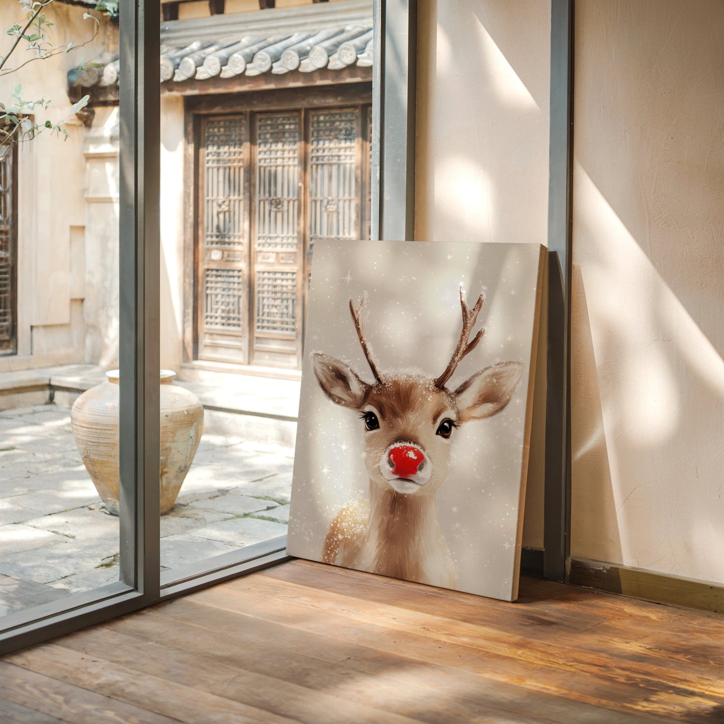 Adorable renne enneigé – Impression murale de Noël douillette