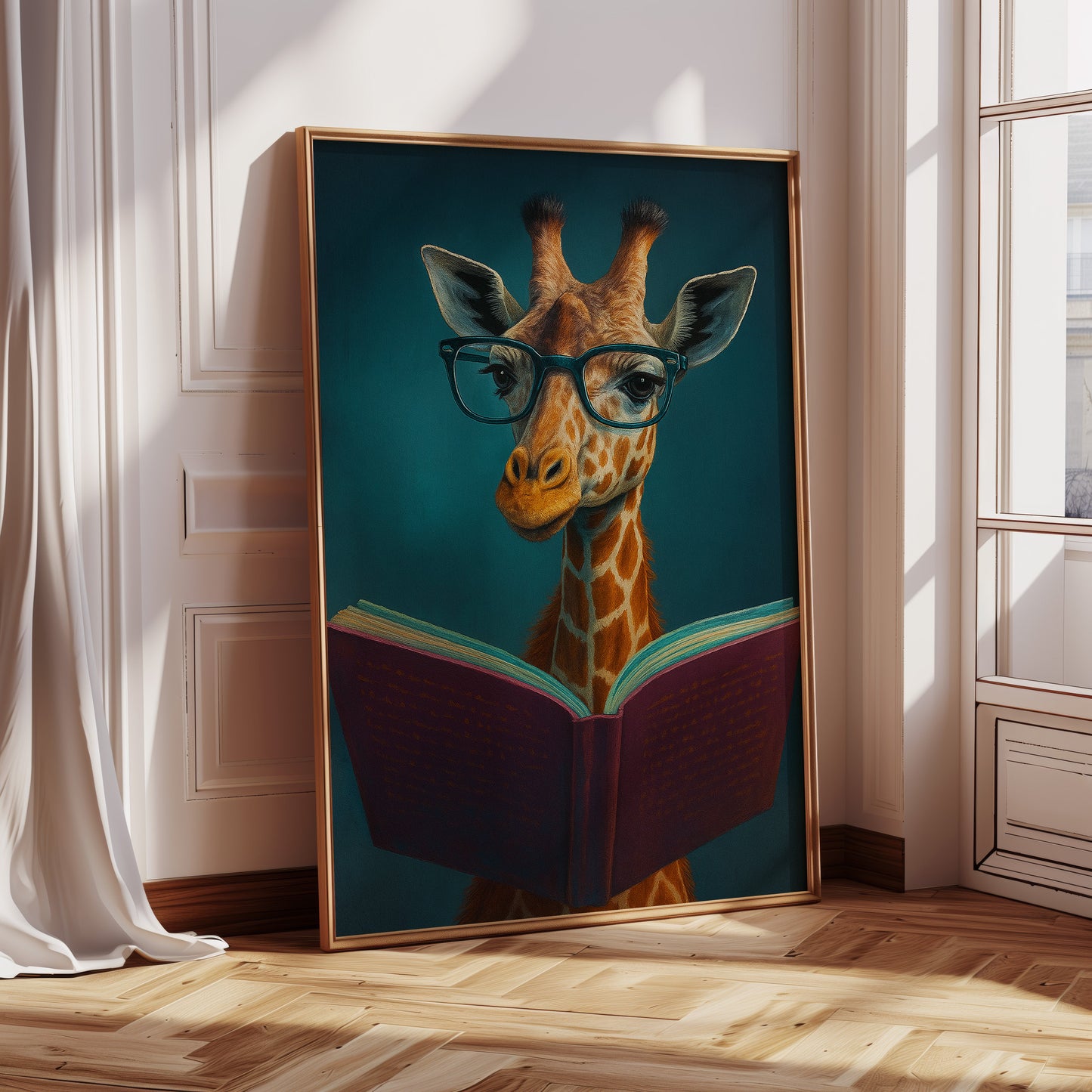 Girafe à lunettes lisant un livre