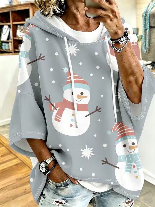 Womens Retro-Print Hoodie With Drawstring And Three-Quarter Sleeves