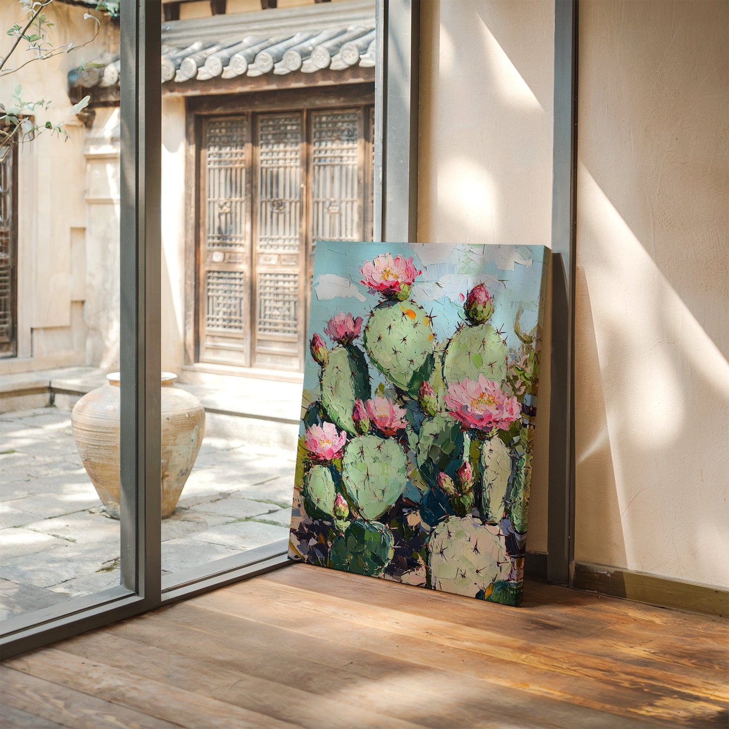 Blühende Feigenkakteen – Lebendige Kaktusblüten-Wandkunst