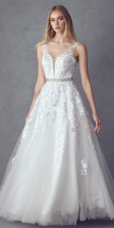 Juliet 224 V-Neck and Back Embroidered Tulle A-Line Ball Gown