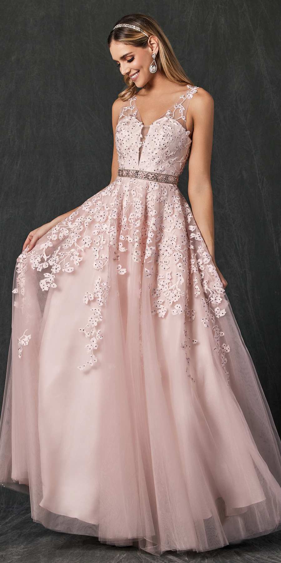 Juliet 224 V-Neck and Back Embroidered Tulle A-Line Ball Gown