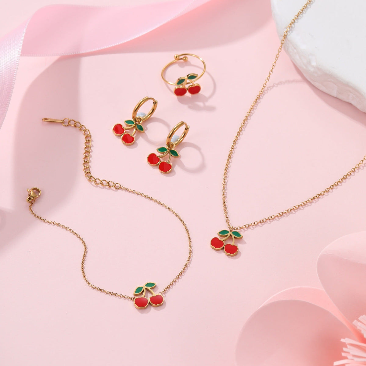 Cherry Necklace Bracelet Titanium Steel Earring Ring Pieces