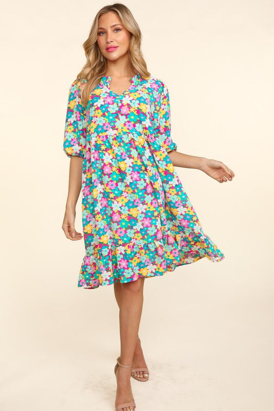 Bubble Sleeve Floral Ruffled Summer Dress For Women – Charming Floral Dress, Feminine Floral Dress, Trendy Bubble Sleeve Dress, Whimsical Ruffled Dress, Elegant Garden Party Dress, Romantic Floral Dress, Chic Bubble Sleeve Dress