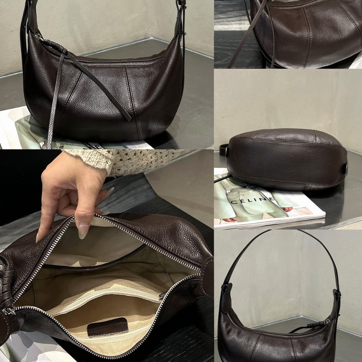 Top-grain Cowhide Crossbody Dumpling Bag, New Genuine Leather Niche Shoulder Bag, Practical For Commuting, Natural Textured Cowhide Crescent Bag