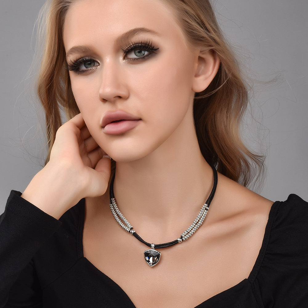 Two Layer Silver Bead Black Wax Cord Choker, Smoky Grey Heart Cubic Zirconia Punk Necklace, Y2K Cool Jewelry For European Spanish Women