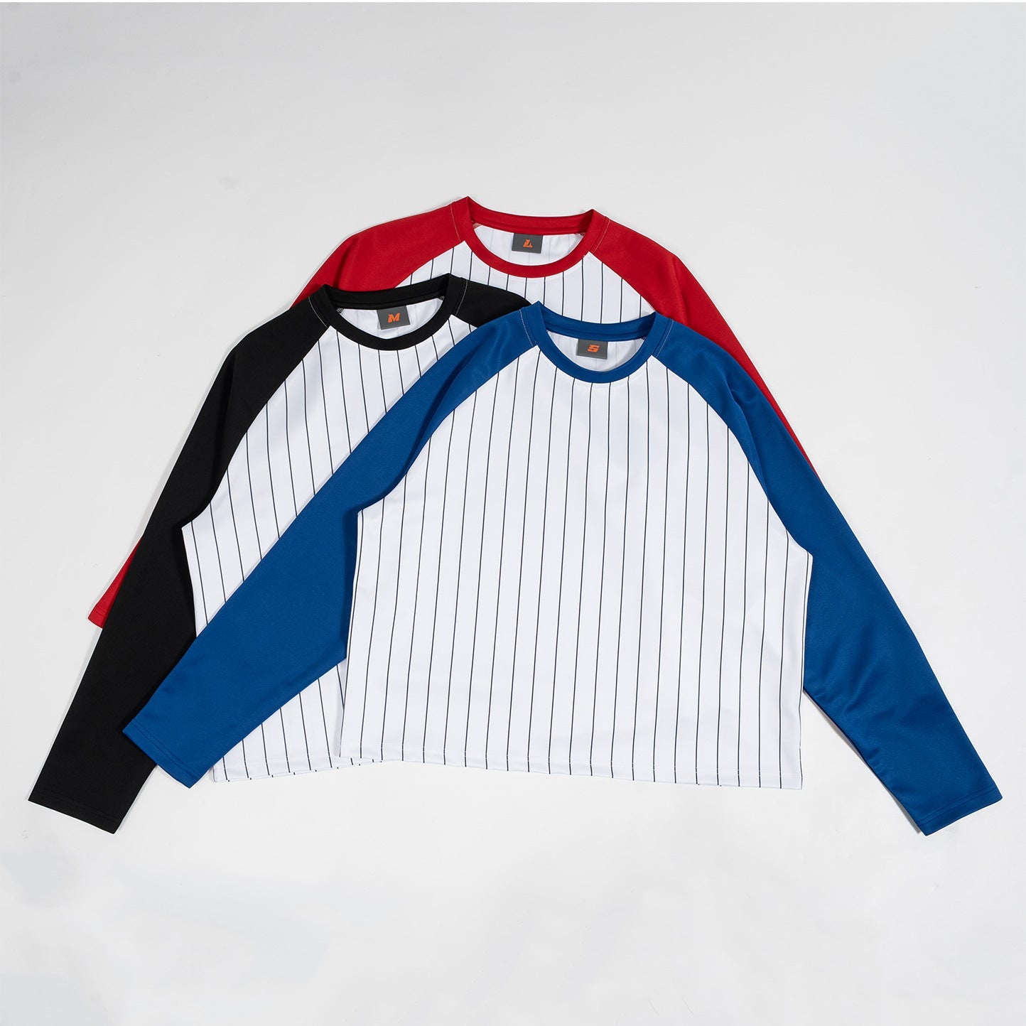 Mens Short Raglan-Style Baseball Long-Sleeve Striped Casual T-Shirt