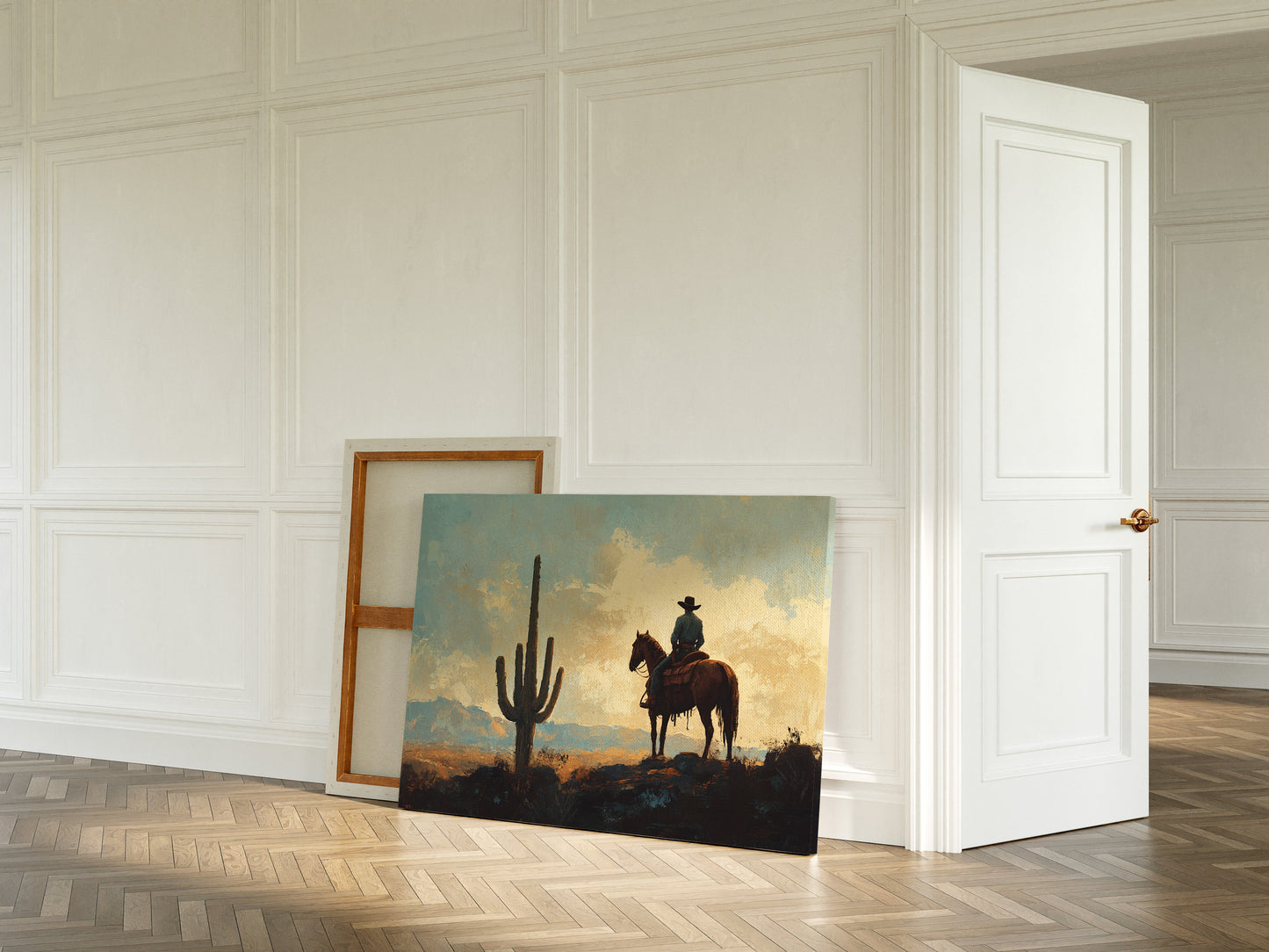 Cowboy-Sonnenuntergang bei den Saguaros