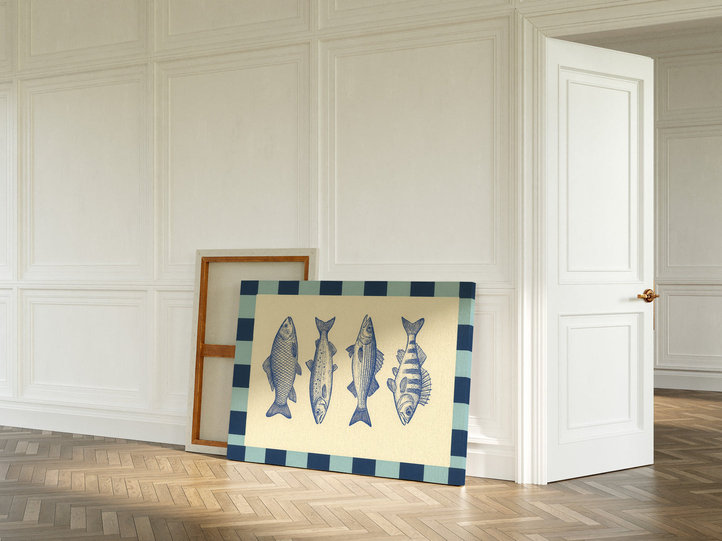Quatuor de poissons vintage sur un damier bleu