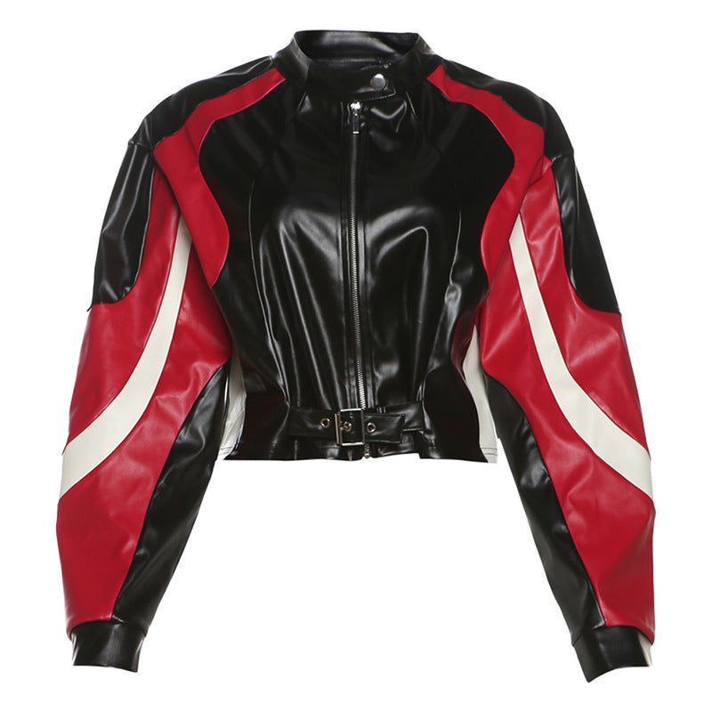 Motorcycle Slim Round Neck PU Leather Jacket