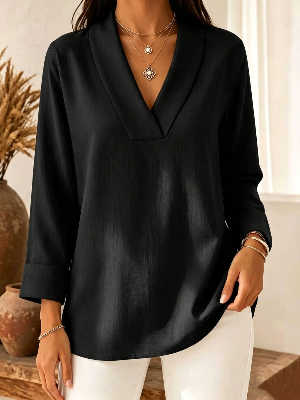 Womens Relaxed-fit Three-quarter-sleeve V-neck Blouse