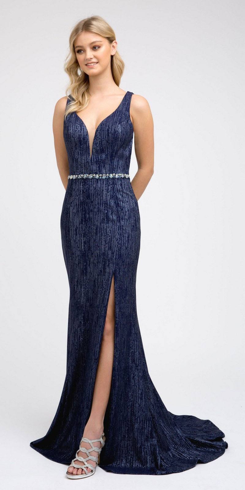 Juliet 237 Strappy-Back Long Prom Dress with Slit