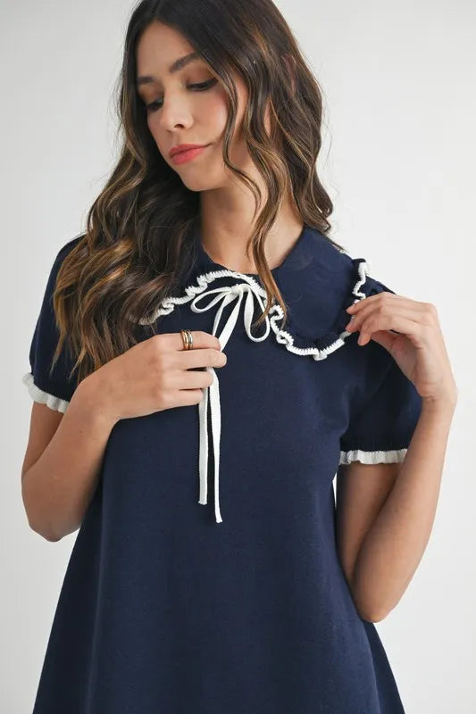 Ruffle Trimmed Collar Fine Knit Mini Dress For Women – Ruffle Mini Dress, Fine Knit Dress, Collar Dress, Feminine Mini Dress, Chic Knit Dress