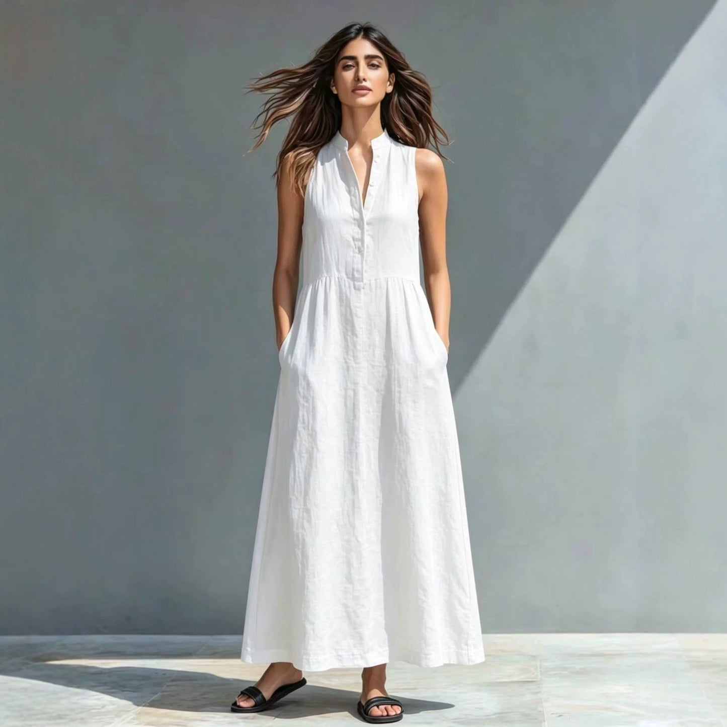 Women's Stand-Collar A-Line Maxi Dress – Resort & Vacation Style