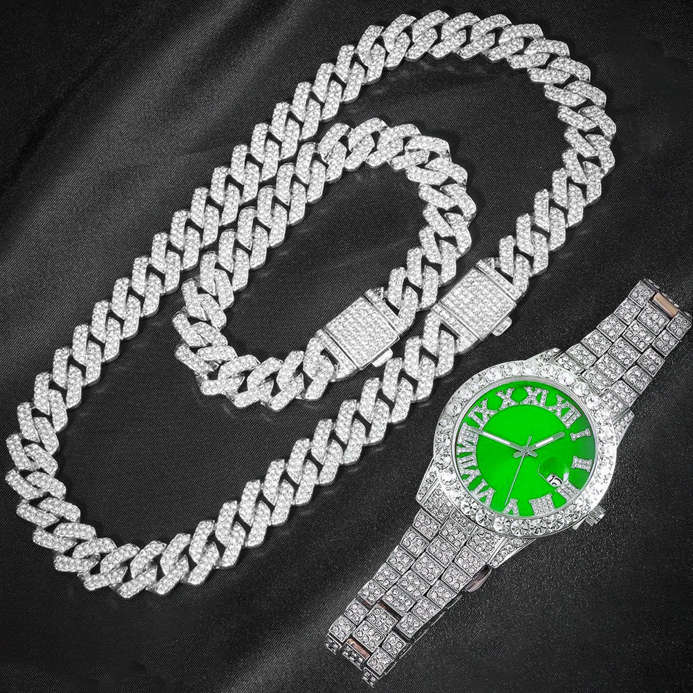 Hip-Hop EuropeanAmerican Cross-Border 14mm Cuban-Link Watch Set