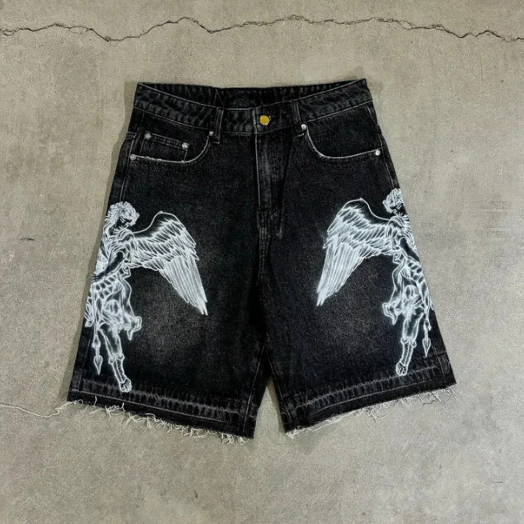 Retro Loose-fit Printed Denim Shorts