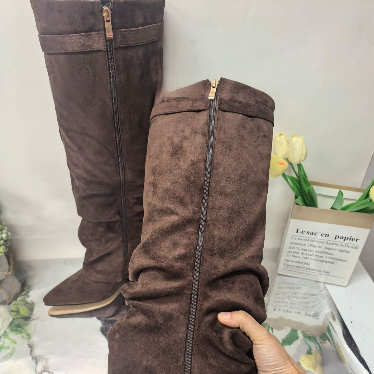 Straight Pleated Metal Buckle Middle Boots Female