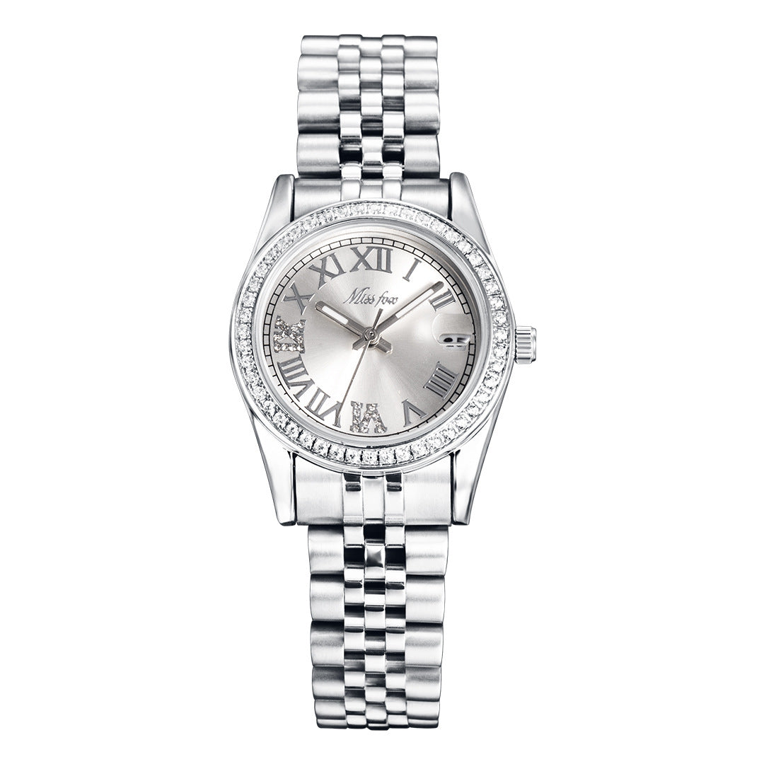 Womens Stylish Minimalist Elegant Luminous Stainless-steel Watch With Diamond Accents