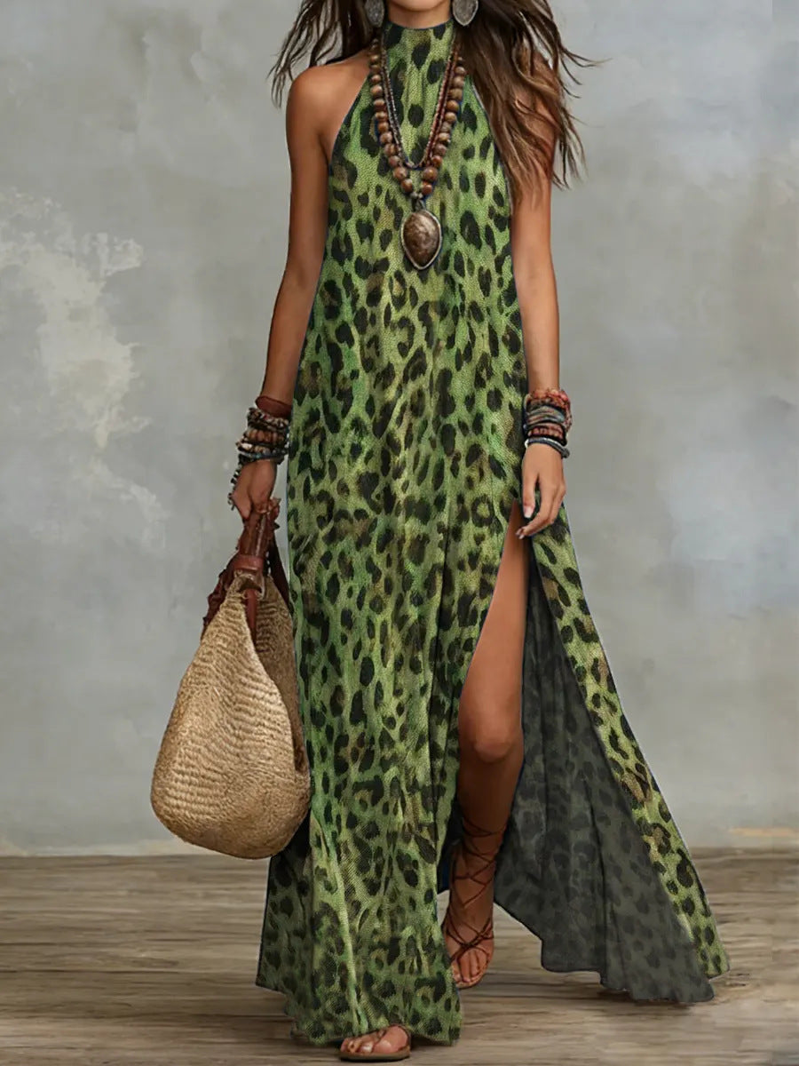 Women's Printed Scarf-Style Maxi Dress – Sleeveless, Split, Loose Boho