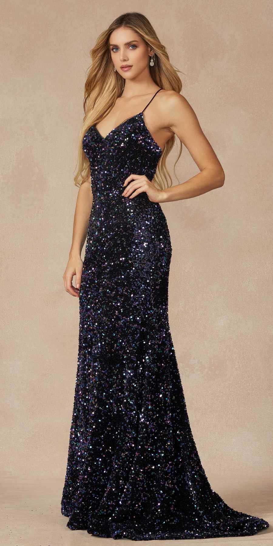 Juliet 2406 Velvet Sequin Fitted Gown V-Neckline Lace Up Back