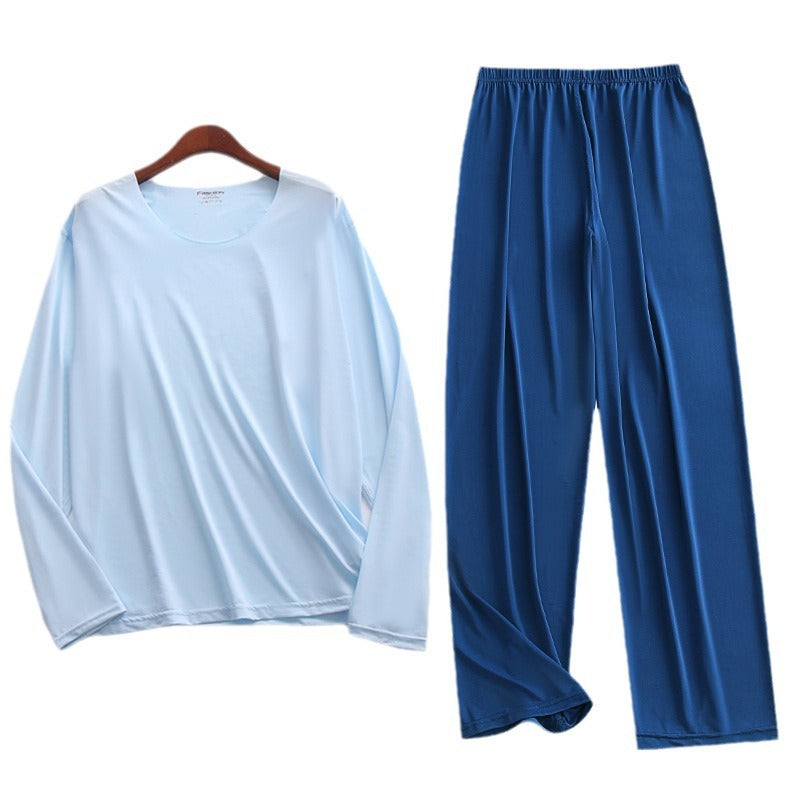 Spring Summer Ultra-thin Men's Long-sleeved Cropped Trousers Pajamas Suit