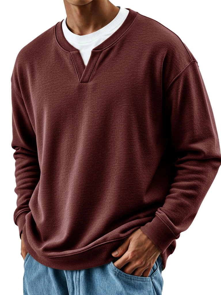Mens Patchwork Mock Two-Piece Crew-Neck Long-Sleeve Top