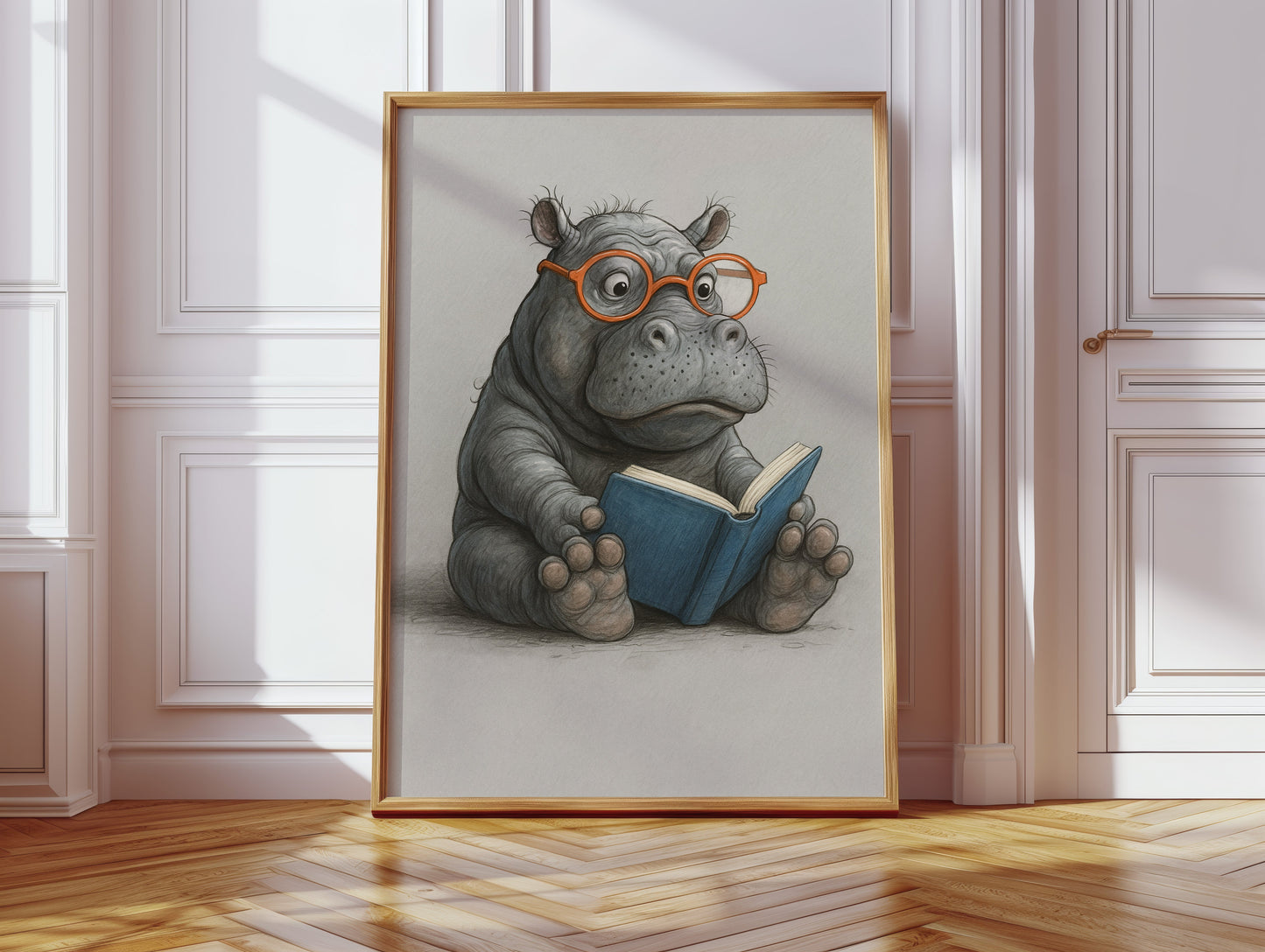 Baby-Nilpferd liest mit Brille