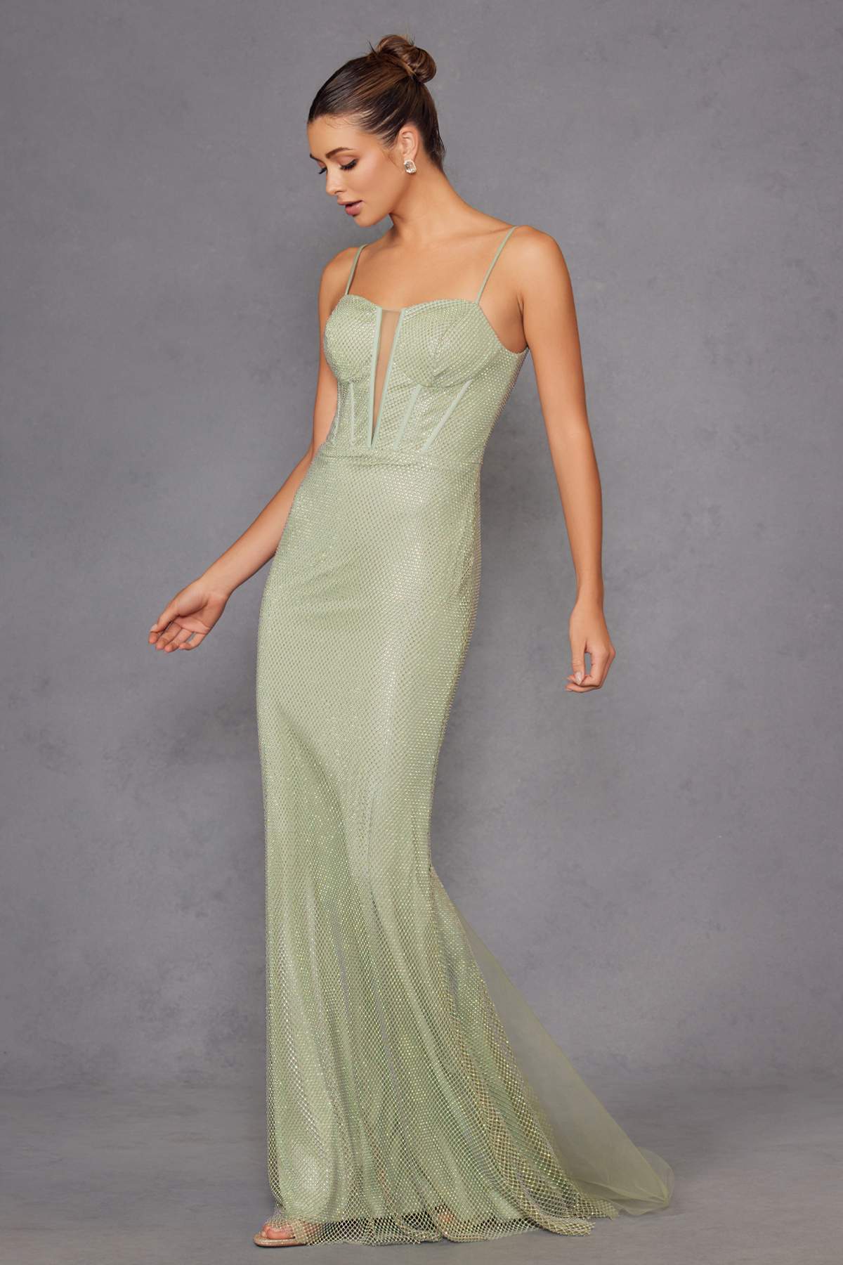 Juliet JT2470S Long V-Neck Boned Bodice Fitted Net Mesh Formal Dress