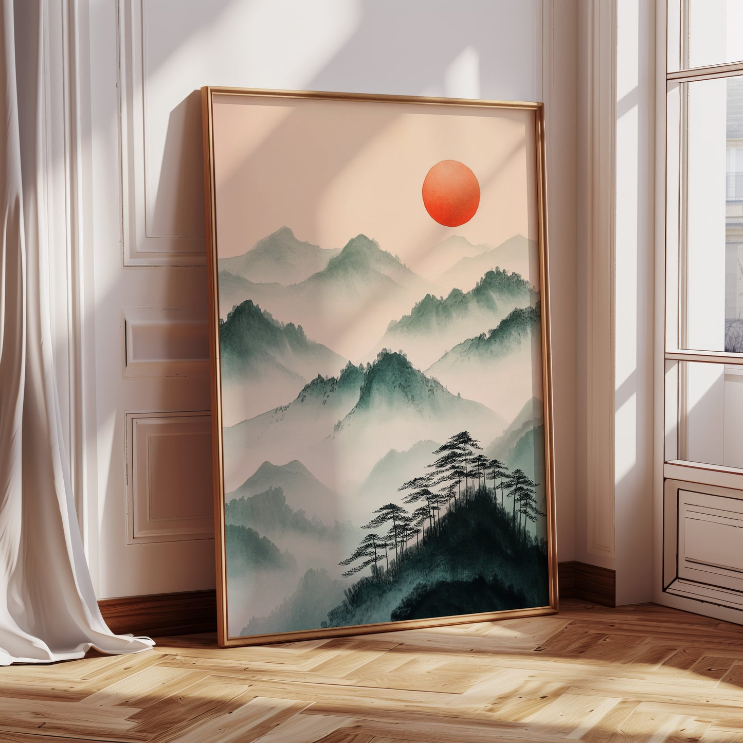 Nebelgebirgs-Sonnenaufgang – Ruhiger, asiatisch inspirierter Landschaftsdruck