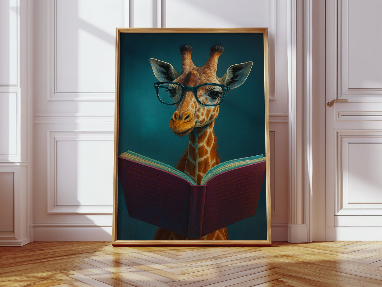 Girafe à lunettes lisant un livre
