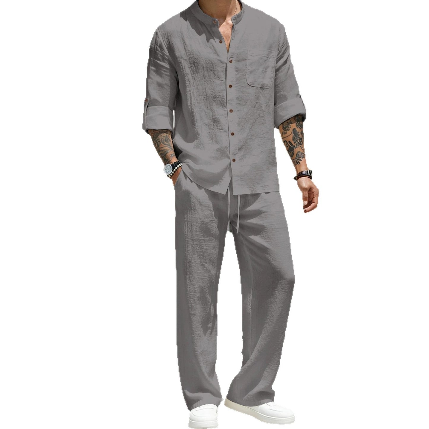 Mens Solid-Color Linen Long-Sleeve Shirt And Pants Two-Piece Set