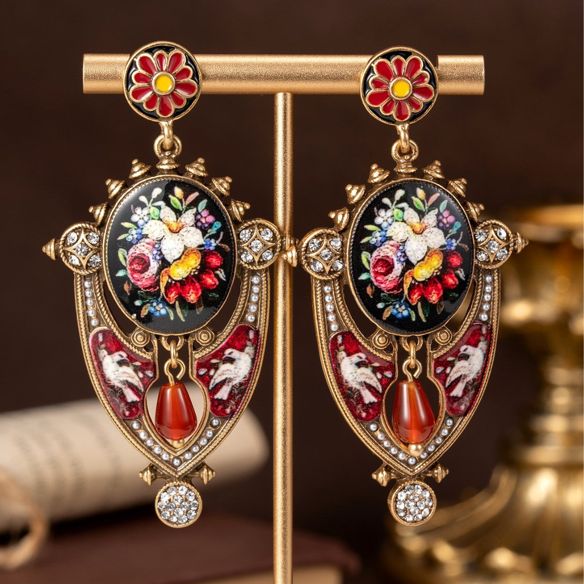 Floral Mural Shield Stud Earrings Regal And Elegant