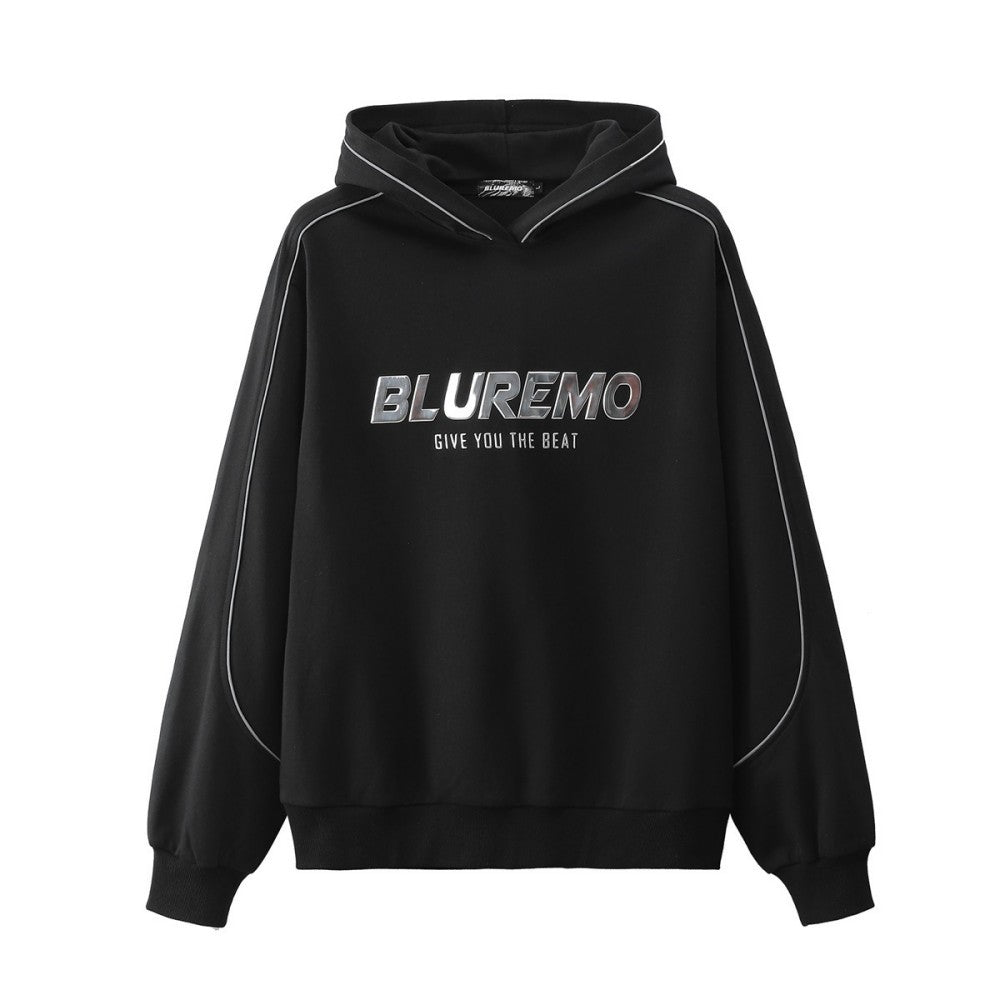 Mens American-style High-street Reflective-striped Hooded Sweatshirt Mirrored Finish