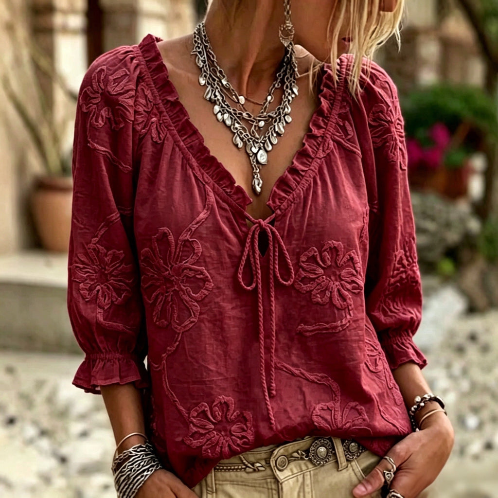 Jacquard Floral Ruffle Trim Lace-Up V-Neck Puff Sleeve Blouse