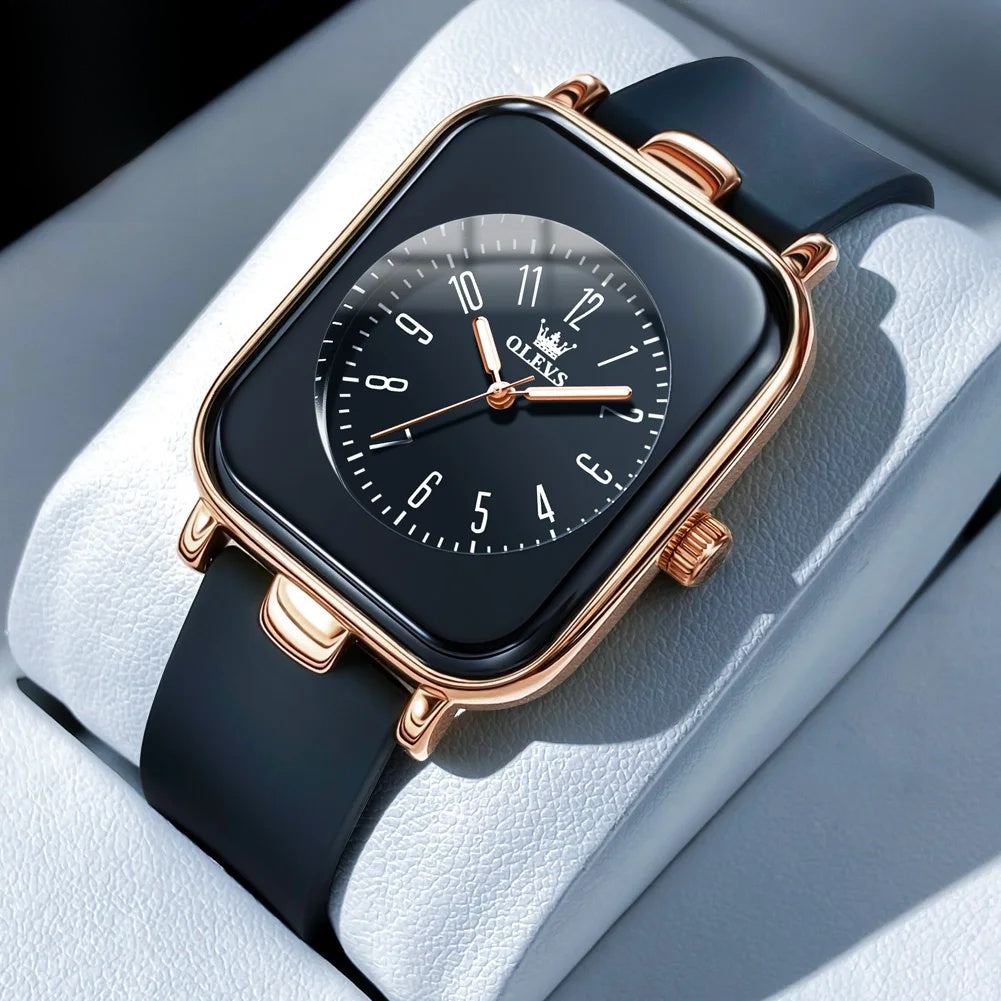 Damen Quarz-Armbanduhr, rechteckig, goldfarben, Silikonarmband