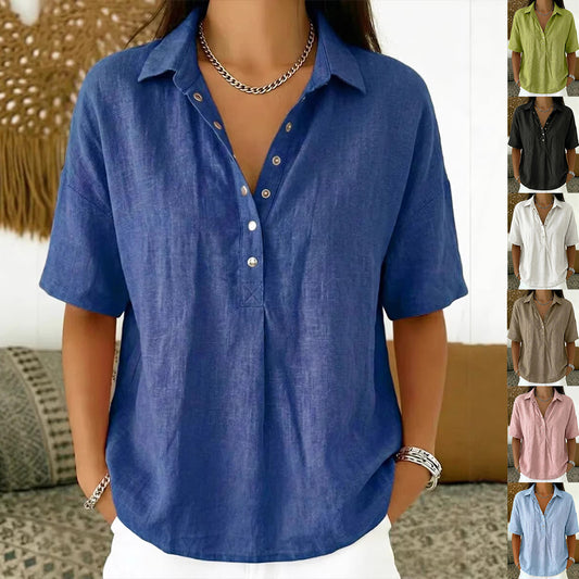Short Sleeve Button Pullover Shirt – Solid Color Women’s Top