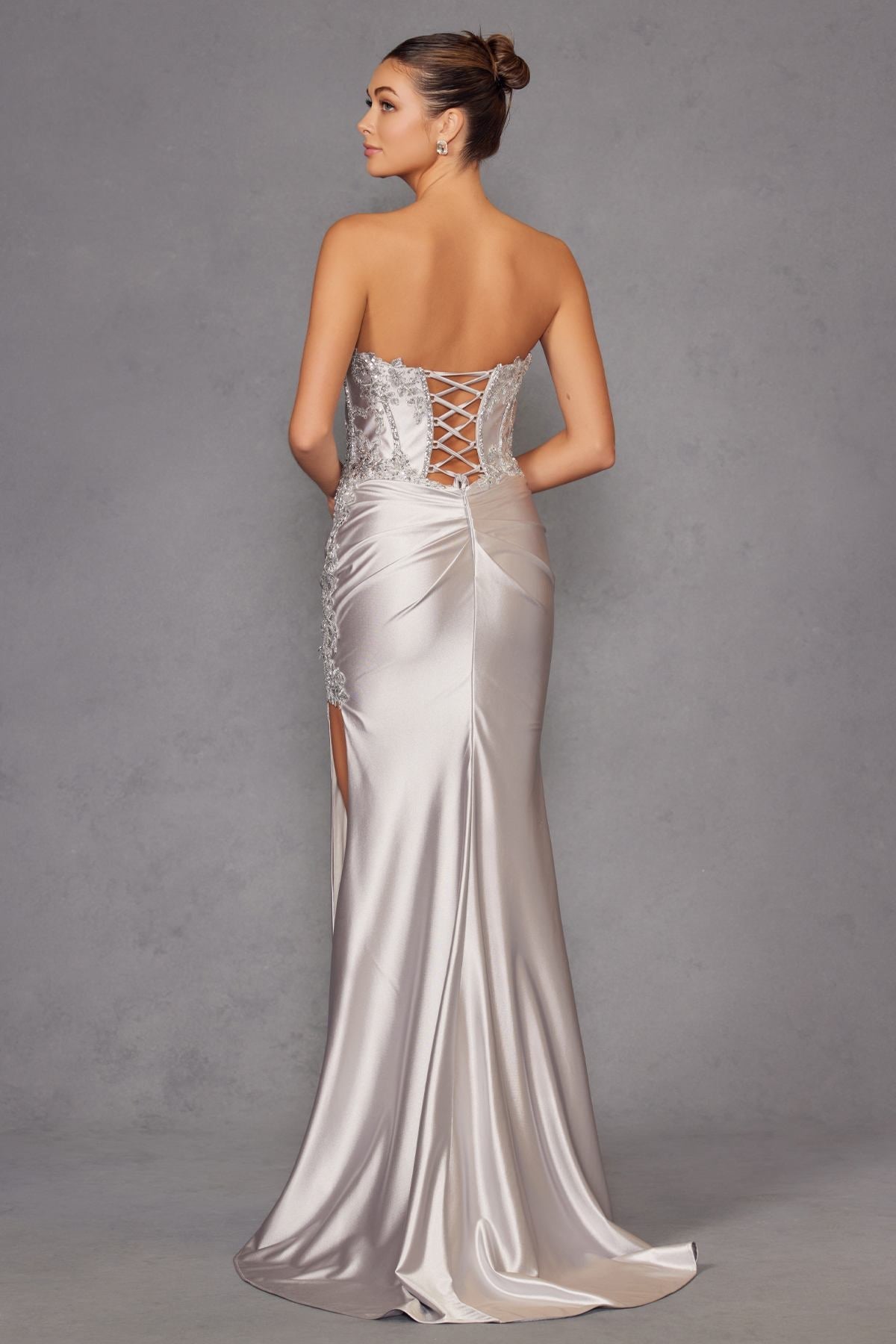 Juliet JT2536K Strapless Sweetheart Corset Back Fitted Satin Prom Gown