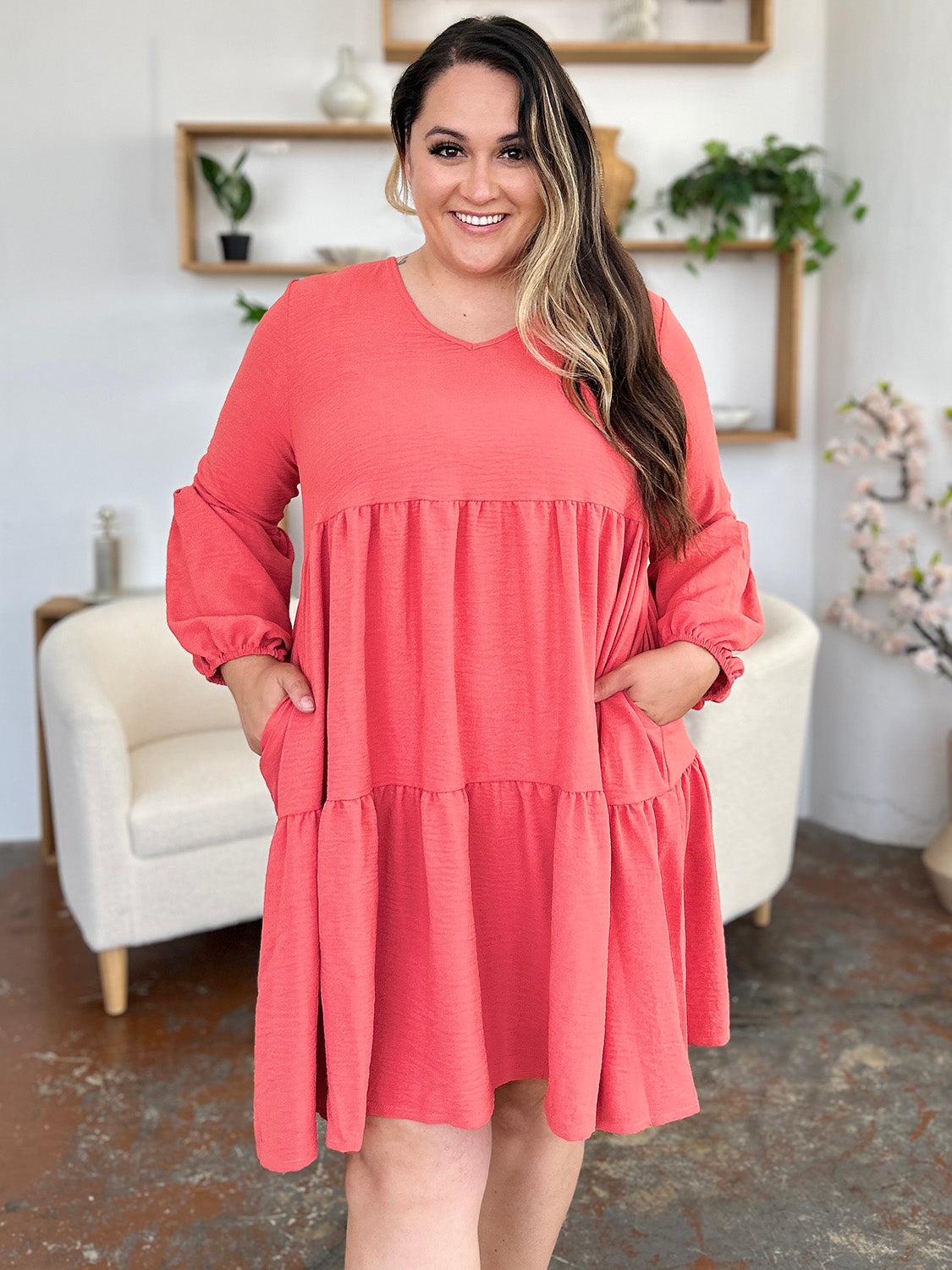 Light Green Double Take Full Size V-Neck Sleeve Tiered Dress with Pockets Elegant & Comfortable Casual Dress