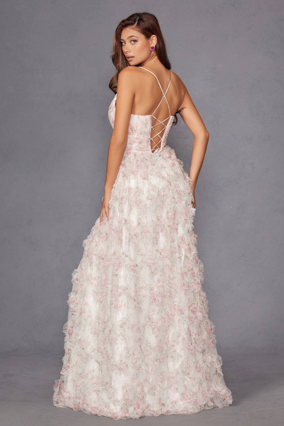 Juliet JT2572U Long Ruffled Layered Skirt Print Formal Gown