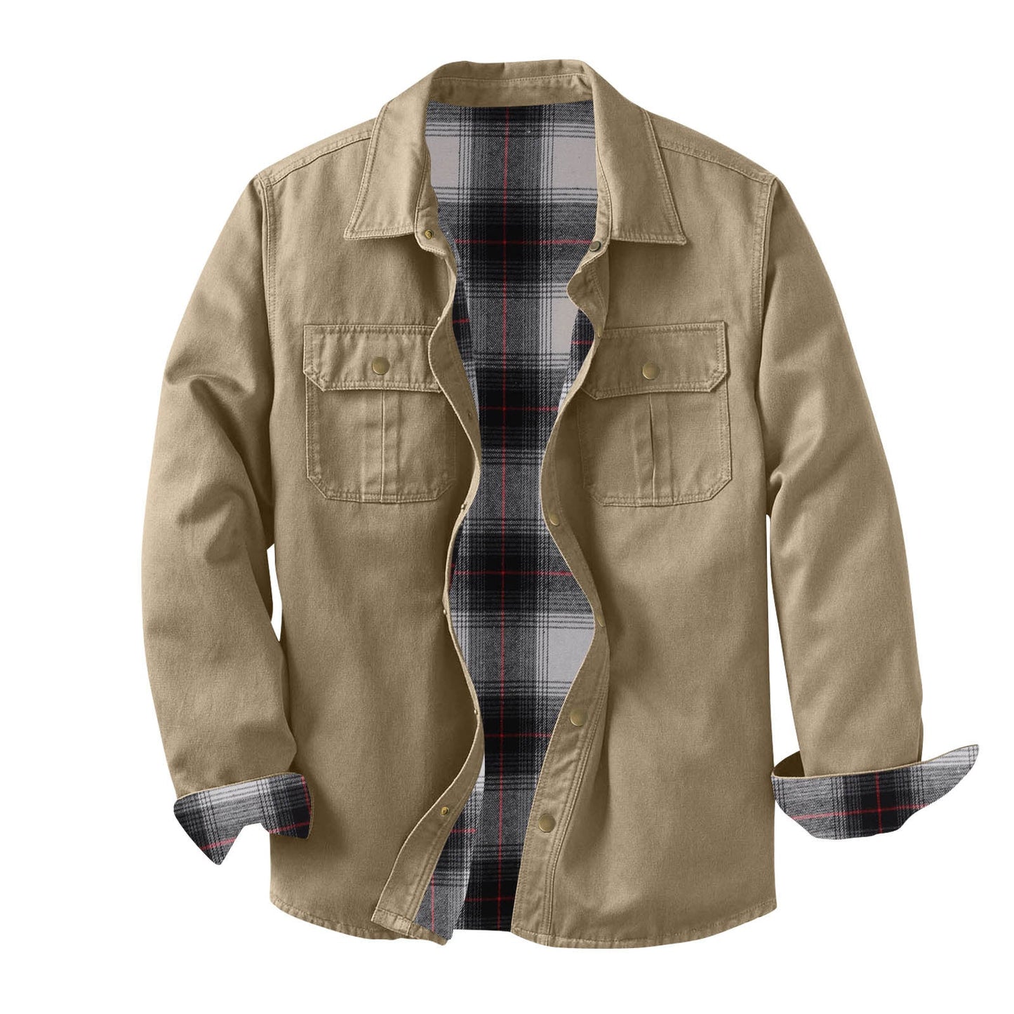 Washed Canvas Work Jacket With A Plaid Lining, Durable And Warm