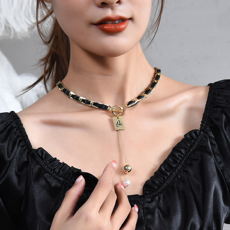 PU Leather Metal Chain Choker Necklace For Women, Titanium Steel Square Tag Pearl Tassel Short Collarbone Chain, Dainty Retro Fashion Jewelry
