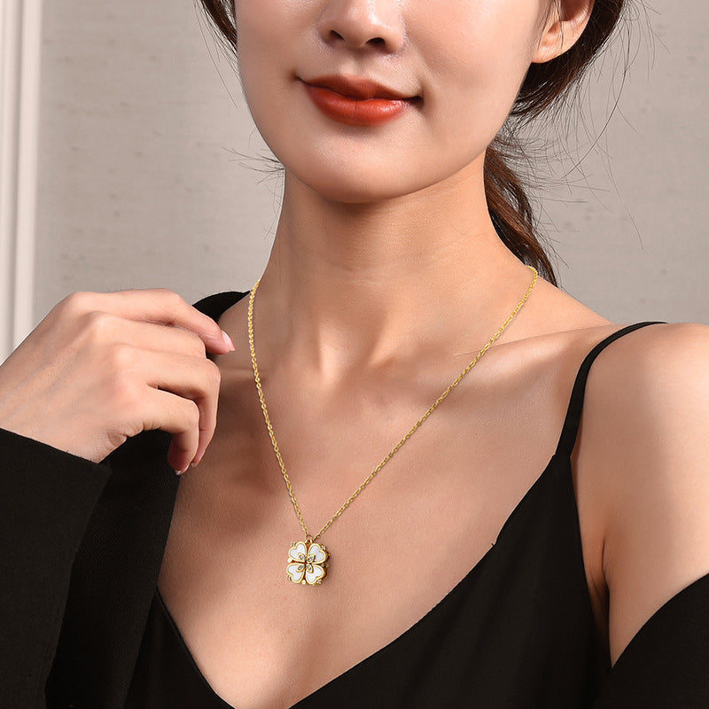 Magnetic Convertible Four Leaf Clover Necklace For Women, 4 Connected Heart Zircon Pendant Adjustable Sweater Chain, Dainty Elegant Fashion Jewelry
