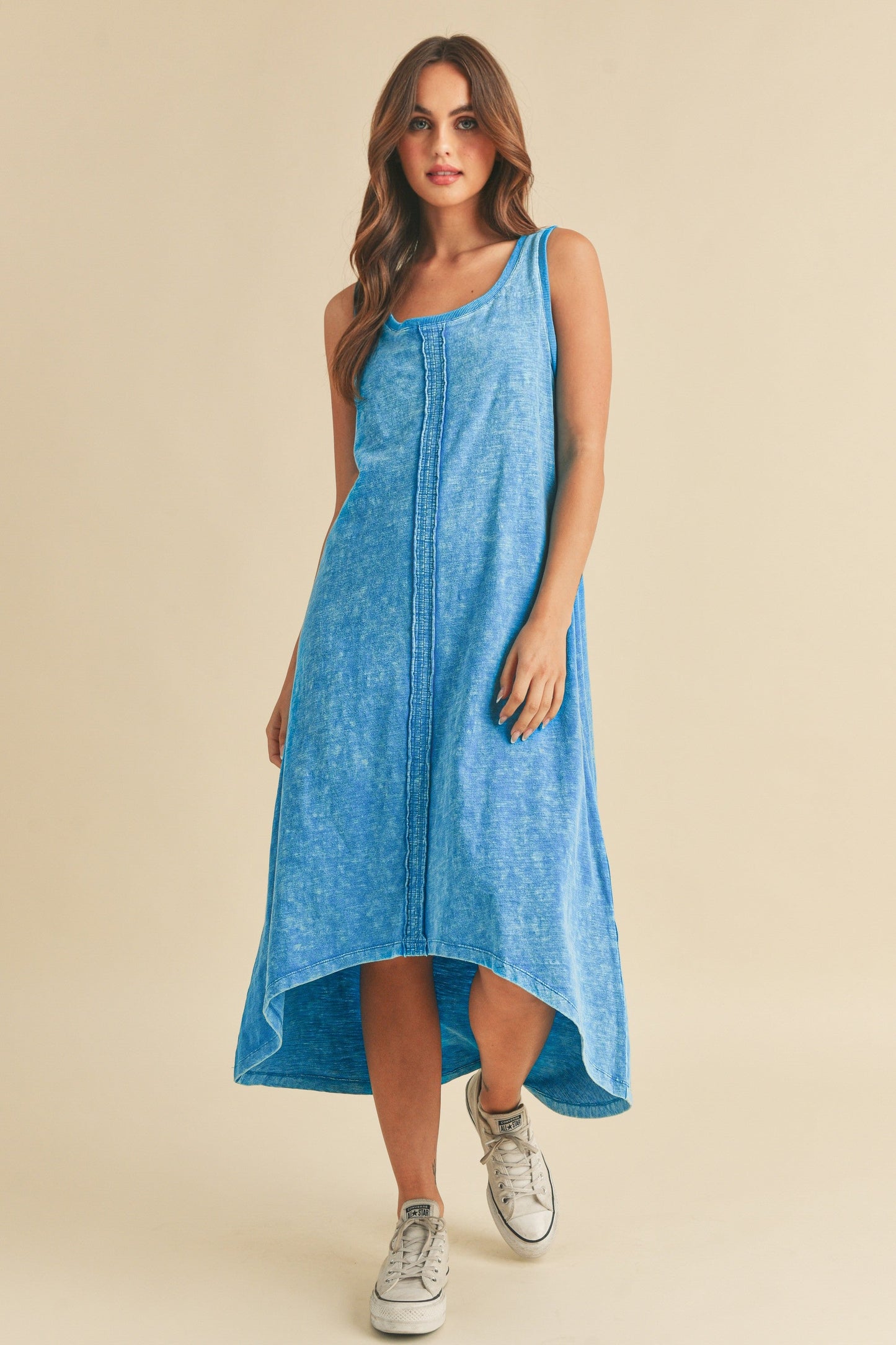 High-Low Hem Scoop Neck Midi Comfortable Tank Dress For Women Modern Chic, Versatile Design with Trendy High-Low Hem, Perfect for Casual & Elevated Looks