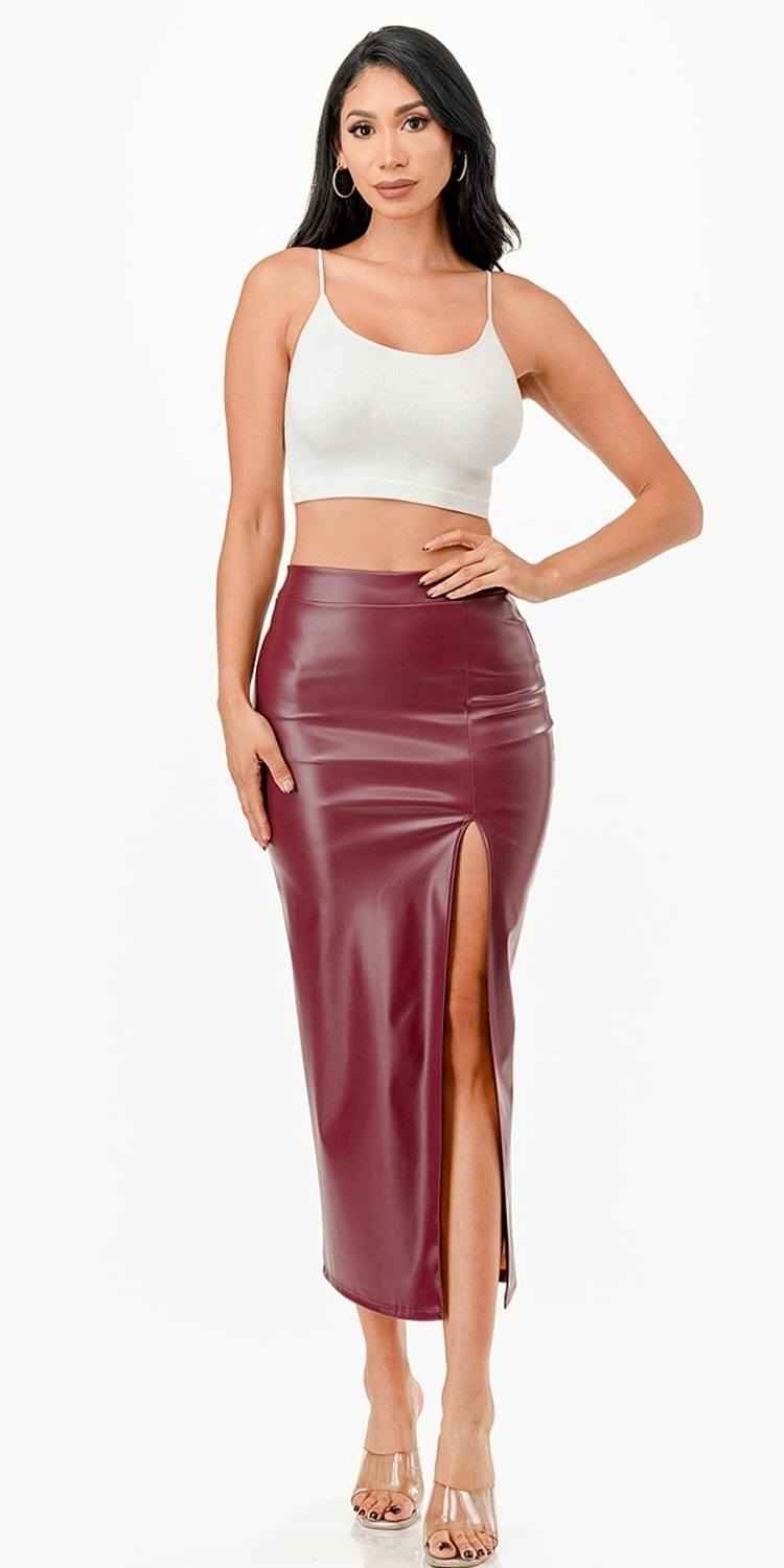 CLEARANCE - La Scala 26019 Mid Length PU leather Pencil Burgundy Skirt (Small) (Copy)